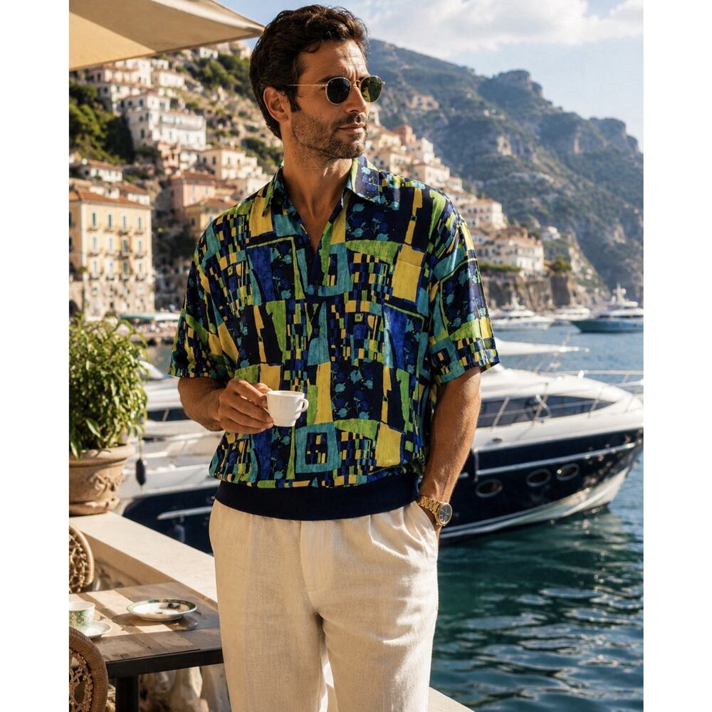 Massoti Italy Shirt Men L Short Sleeve 1/4 Button Abstract Golf Beach Luxury NWT